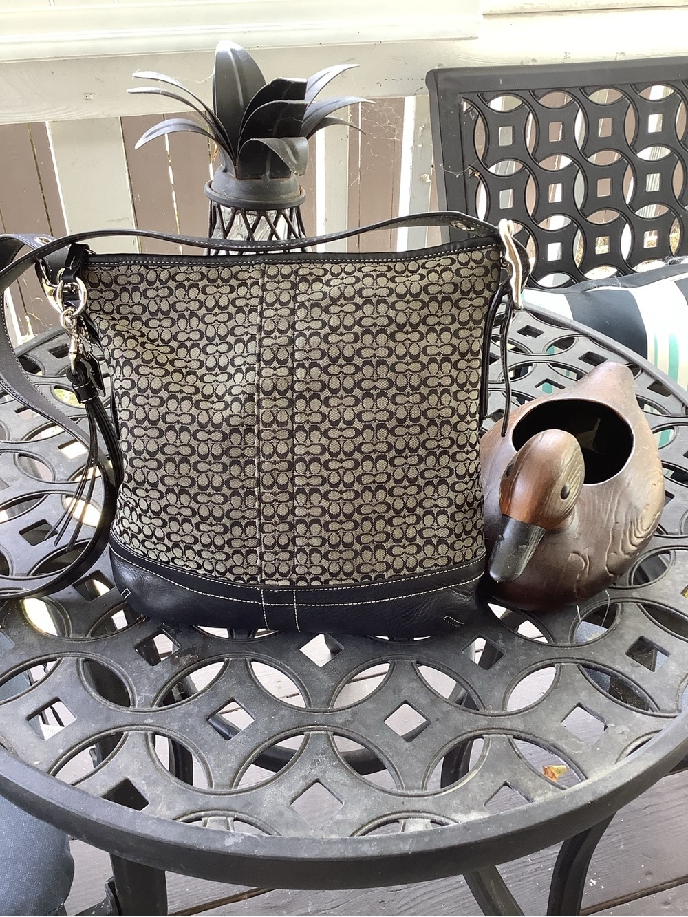 Vintage Coach Gray and Black Signature Canvas crossbody